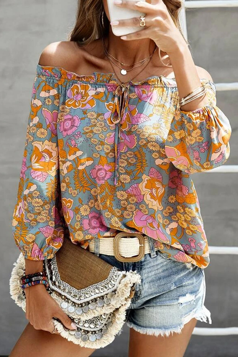 Frilled Off Shoulder Floral Blouse