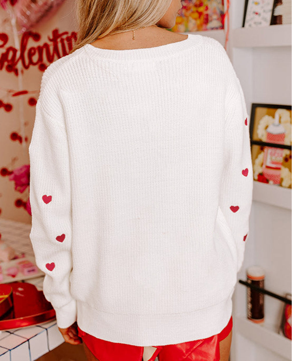 Heart Shape Drop Shoulder Round Neck Sweater