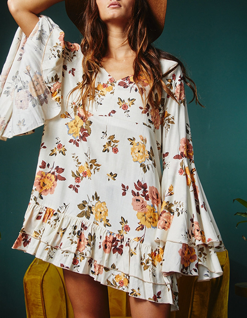Floral Print Layered Sleeve Mini Dress