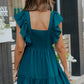Ruffle Trim V Neck Smocking Back Mini Dress