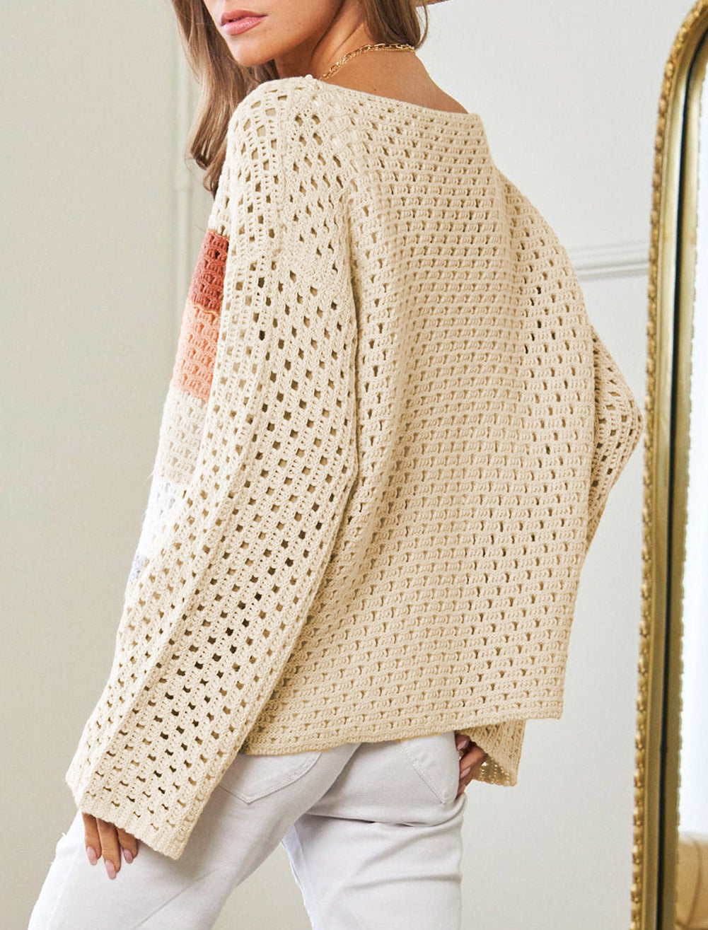 Pointelle Knit Colorblock Baggy Sweater