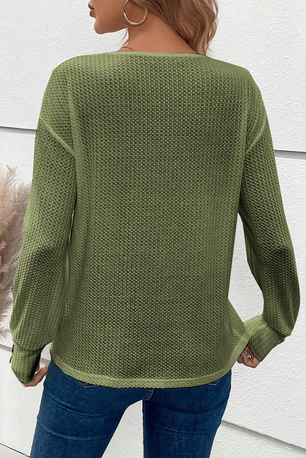 Textured Knit V Neck Button Cuffs Long Sleeve Top