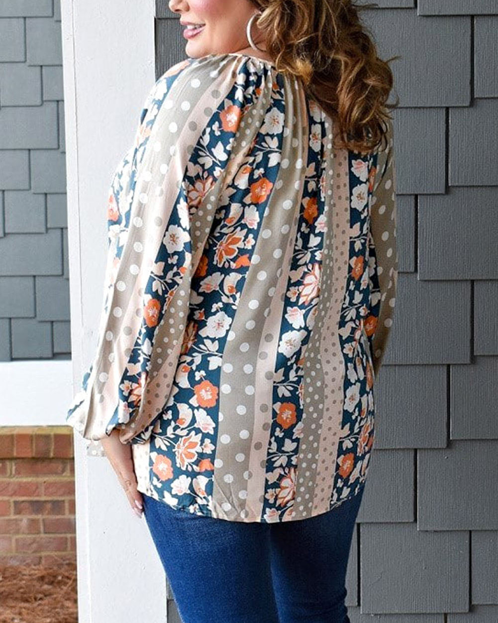 Plus Size Mixed Print Split Neck Blouse