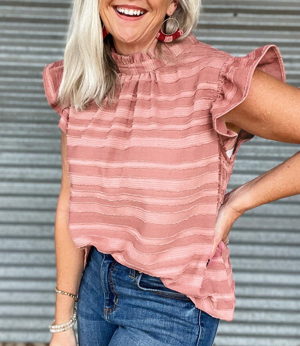Stripes Textured Ruffle Sleeve Blouse