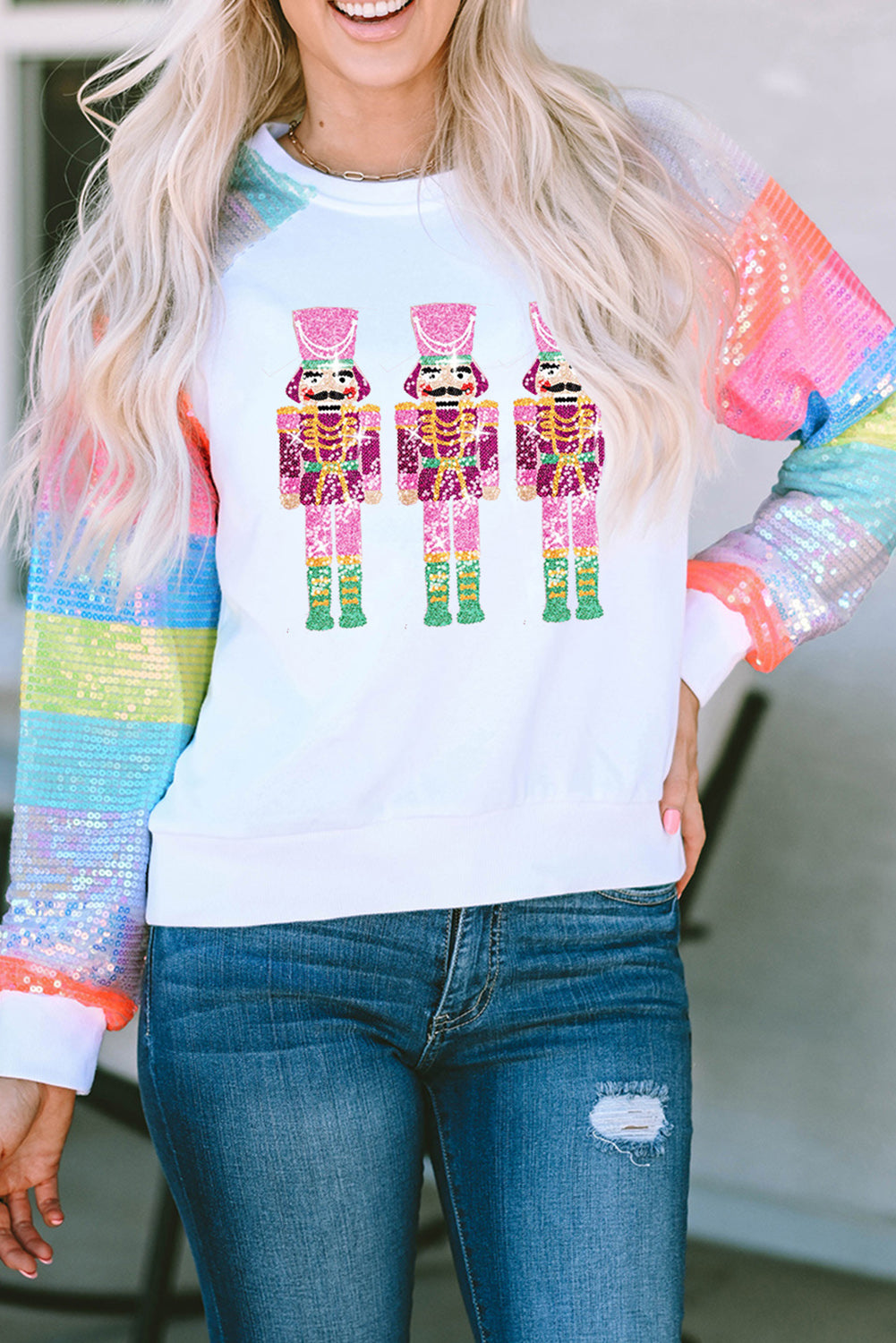 Sequin Colorblock Sleeve Nutcracker Graphic Sweatshirt