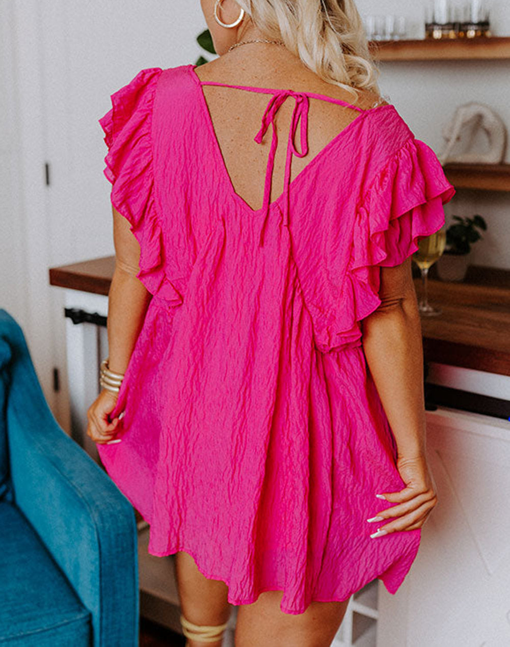 Plus Size Ruffle V Neck Tie Back Tunic Top