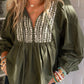 Embroidered Split Neck Pleated Loose Blouse