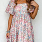 Floral Puff Sleeve Square Neck Smock Ruffled Dress