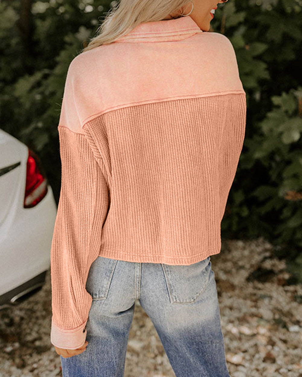 Textured Waffle Knit Chest Pockets Cropped Shacket