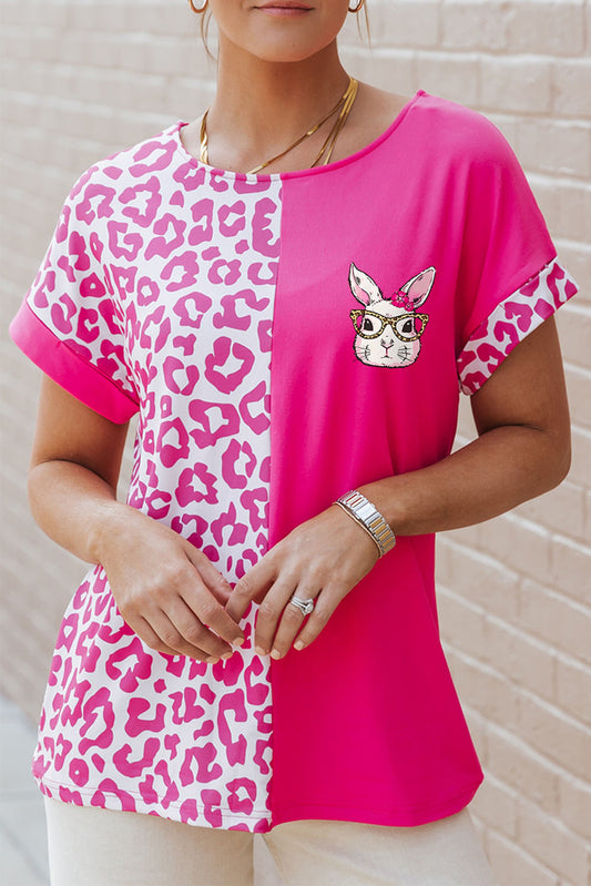 Easter Rabbit Leopard Color Block Crewneck T Shirt