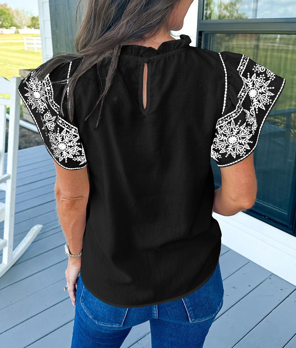 Embroidered Ruffled Sleeve Frilled Collar Blouse