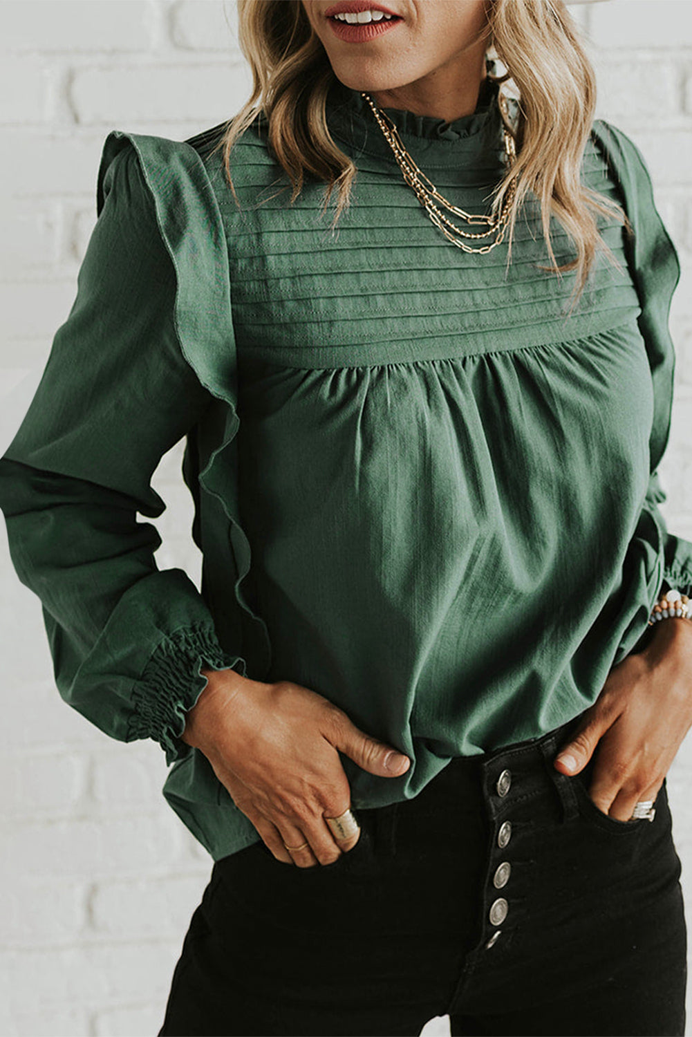 Solid Color Stand Neck Ruffled Puff Sleeve Blouse