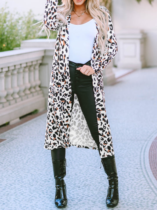 Leopard Pocketed Open Front Duster Cardigan