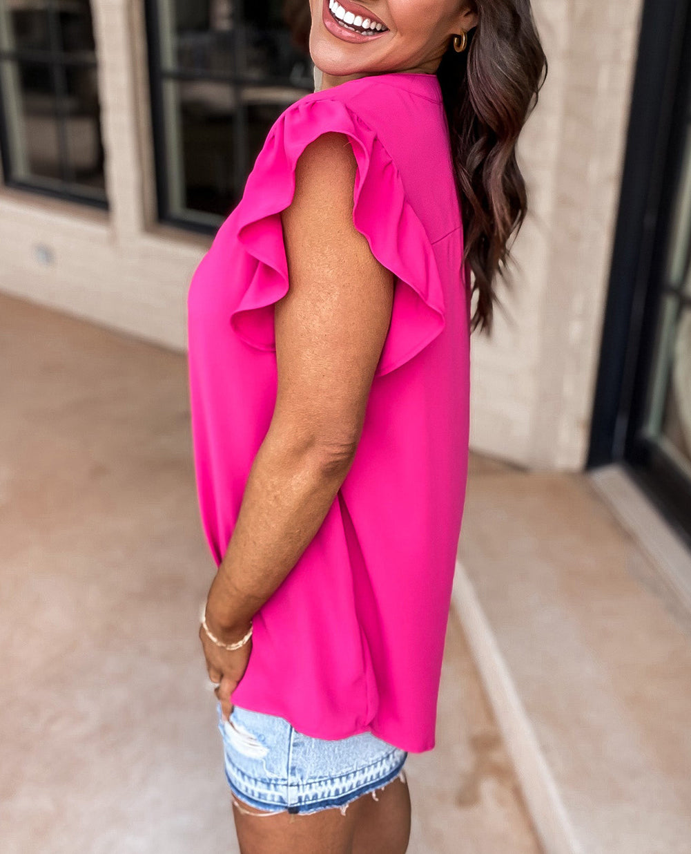 Notched Neck Ruffle Sleeve Blouse