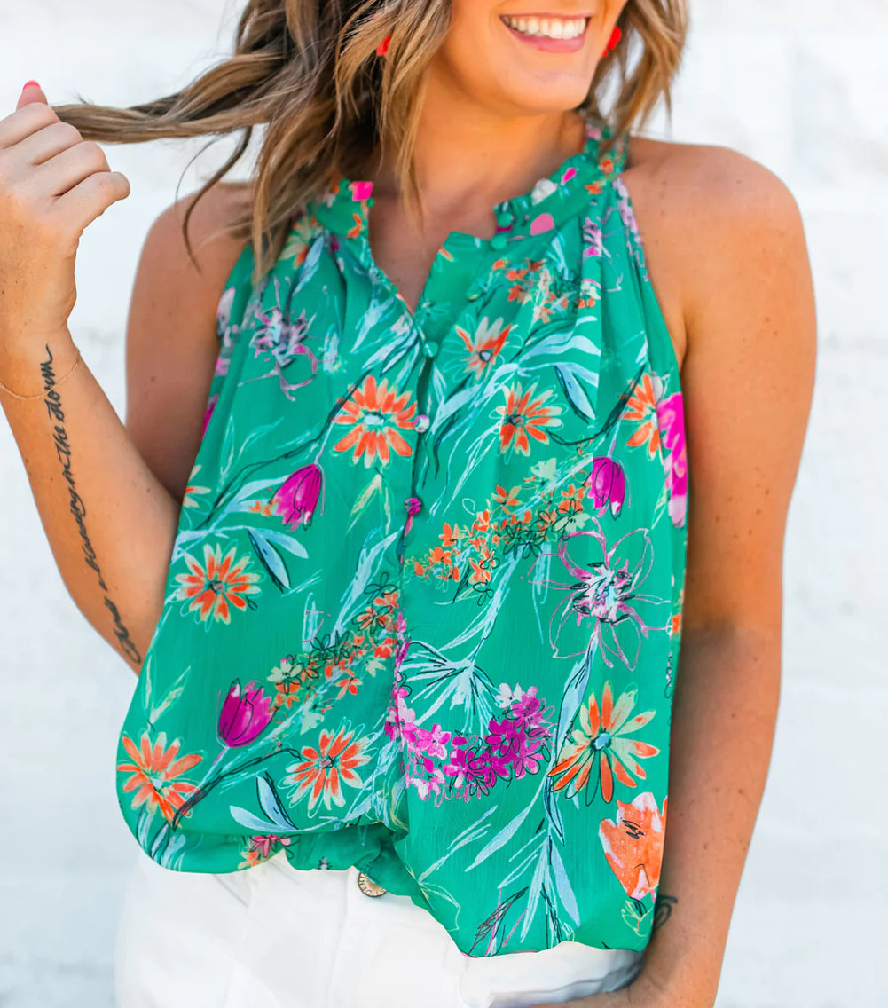Floral Print Buttoned Neckline Tank Top