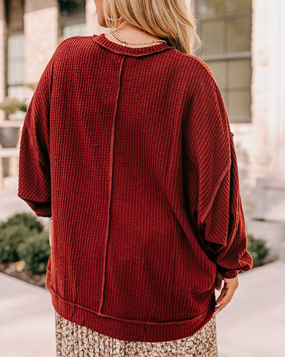 Exposed Seam Detail Waffle Knit Plus Size Top