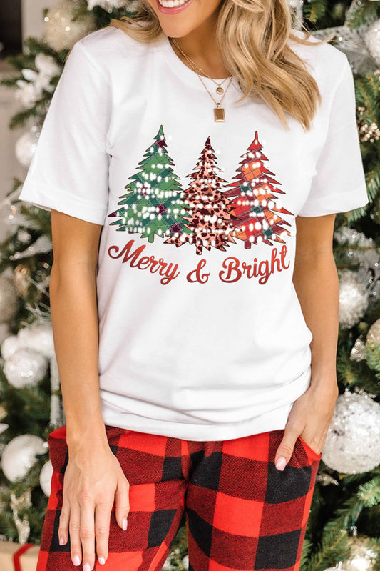 Merry and Bright Christmas Tree Print Crew Neck T Shirt