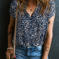 Abstract Print Buttoned V Neck Short Sleeve Blouse