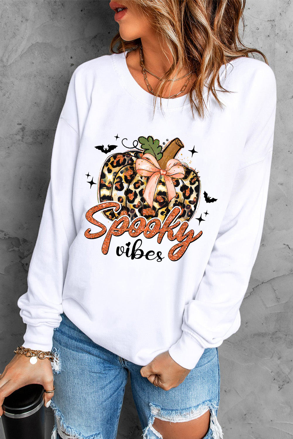 Spooky Leopard Pumpkin Print Crew Neck Sweatshirt