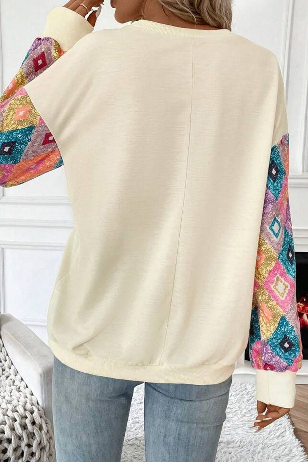 Geometric Printed Patchwork Long Sleeve Round Neck Top