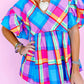 Colorful Plaid V Neck Ruffled Short Sleeve Babydoll Top