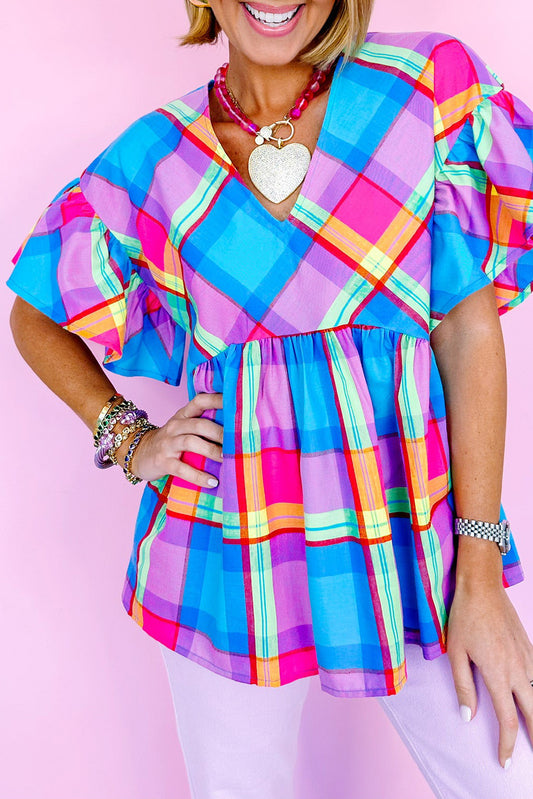 Colorful Plaid V Neck Ruffled Short Sleeve Babydoll Top