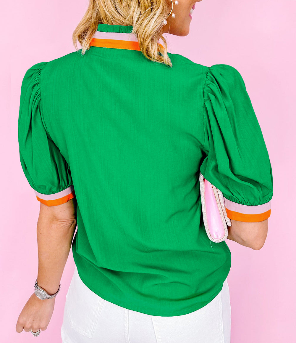 Colorful Trim V Neck Short Sleeve Blouse