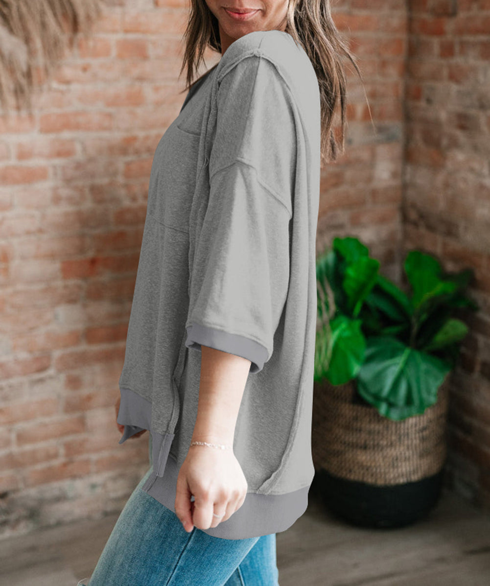 Exposed Seam Chest Pocket Split Loose T Shirt