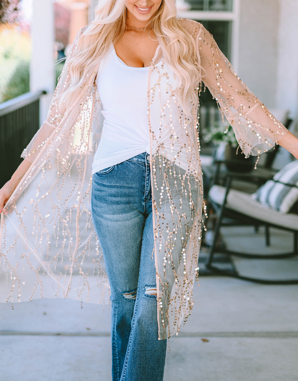 Sequin Sheer Long Sleeve Open Front Kimono