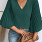 3/4 Pleated Bell Sleeve V Neck Blouse