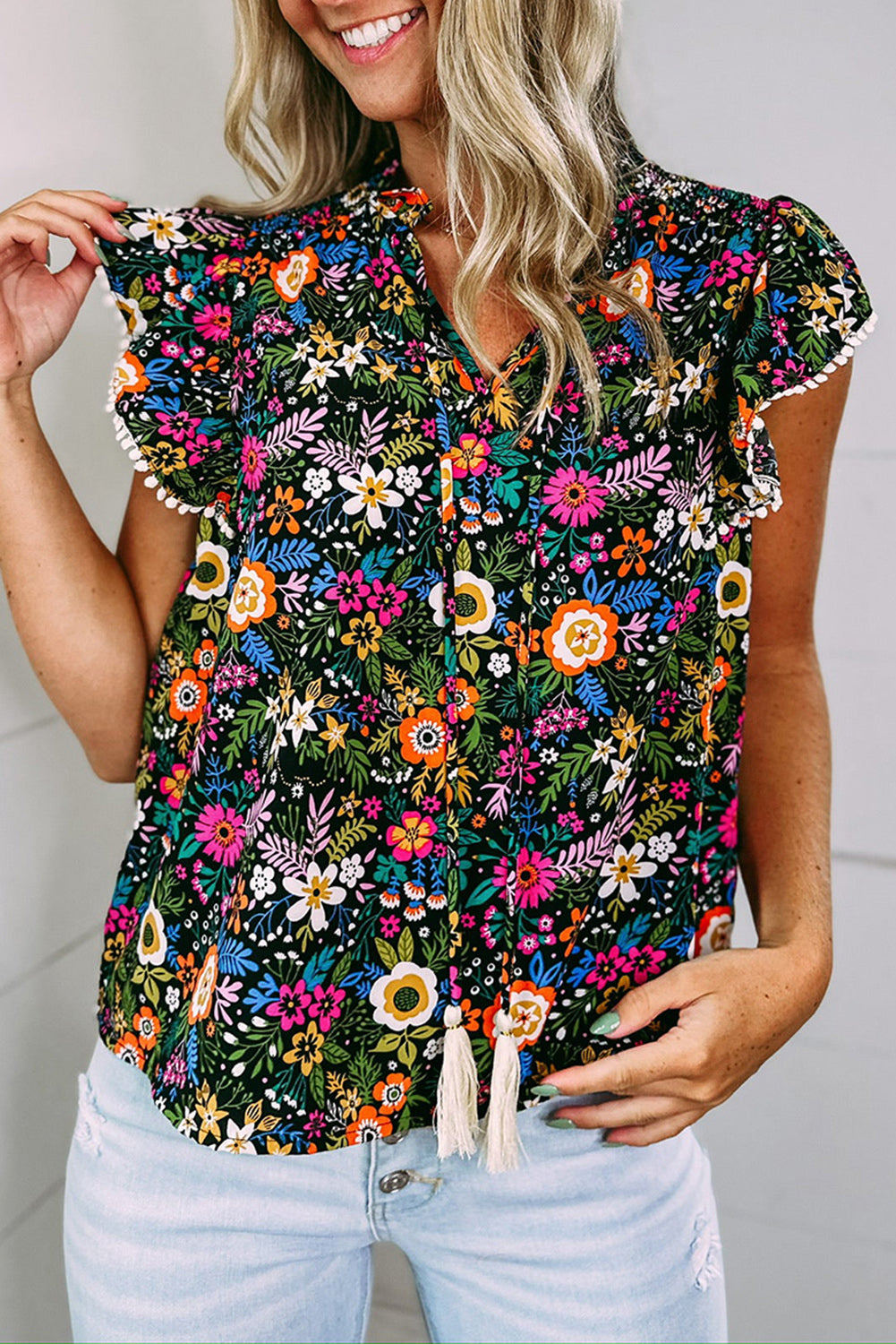 Lace Trim Flutter Sleeve Tropical Floral Blouse