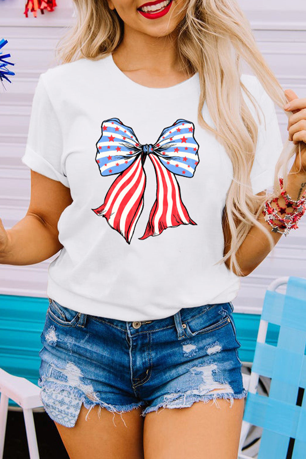 Stripes and Stars Bowknot Print T Shirt