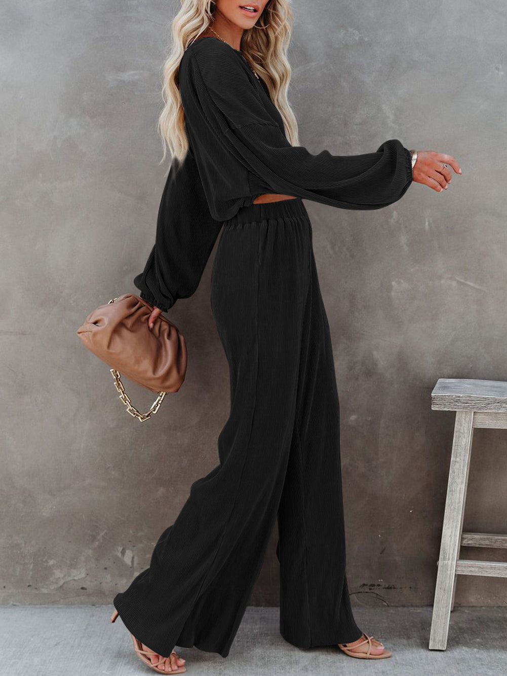 Corded Cropped Pullover and Wide Leg Pants Set