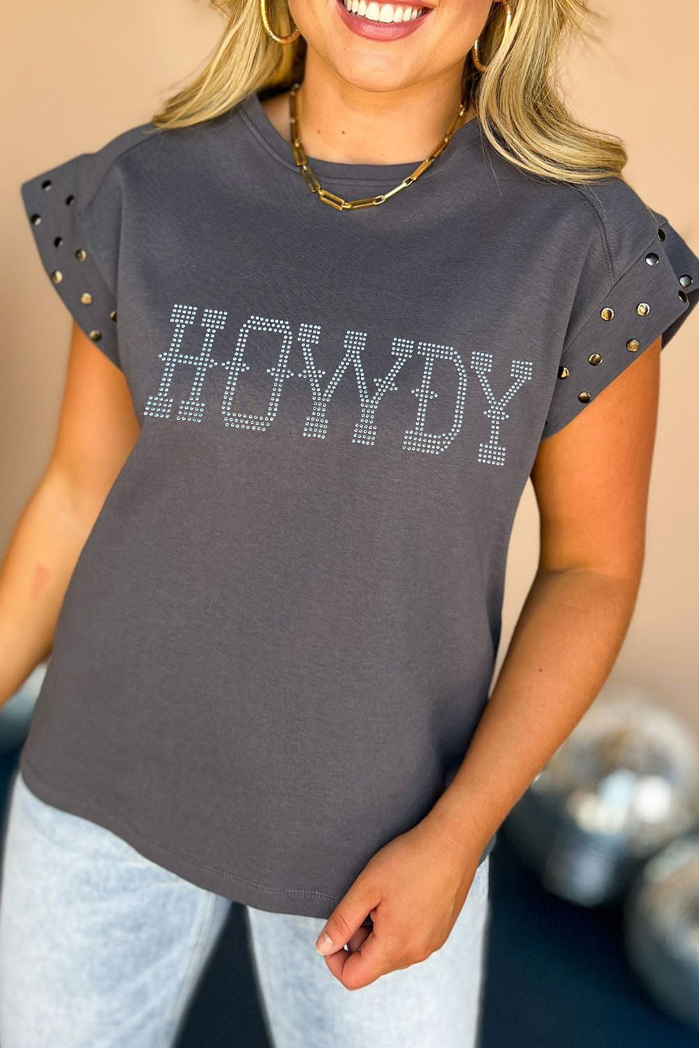 Rhinestone HOWDY Graphic Studded Sleeve T Shirt