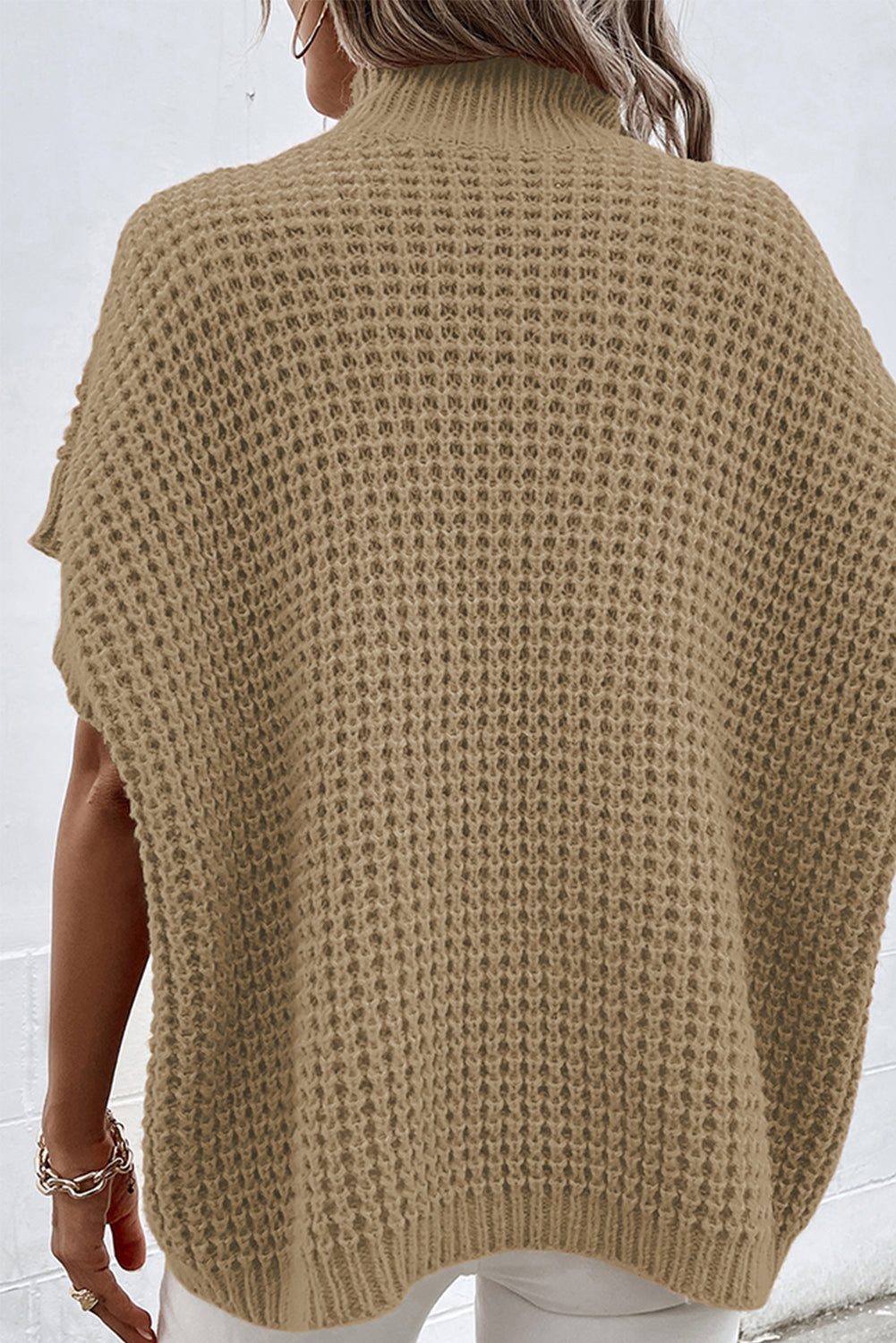 High Neck Short Batwing Sleeve Textured Knit Sweater