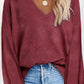 Waffle Knit V Neck Long Sleeve Loose Tunic Top