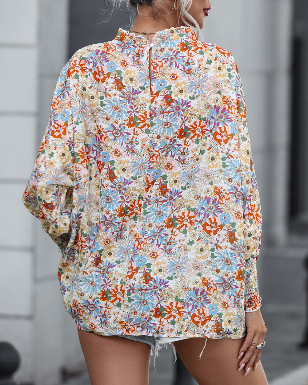 Shirred Cuffs Bubble Sleeve Floral Blouse
