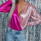 Sparkle Color Block V-Neck Long Sleeve Bodysuit