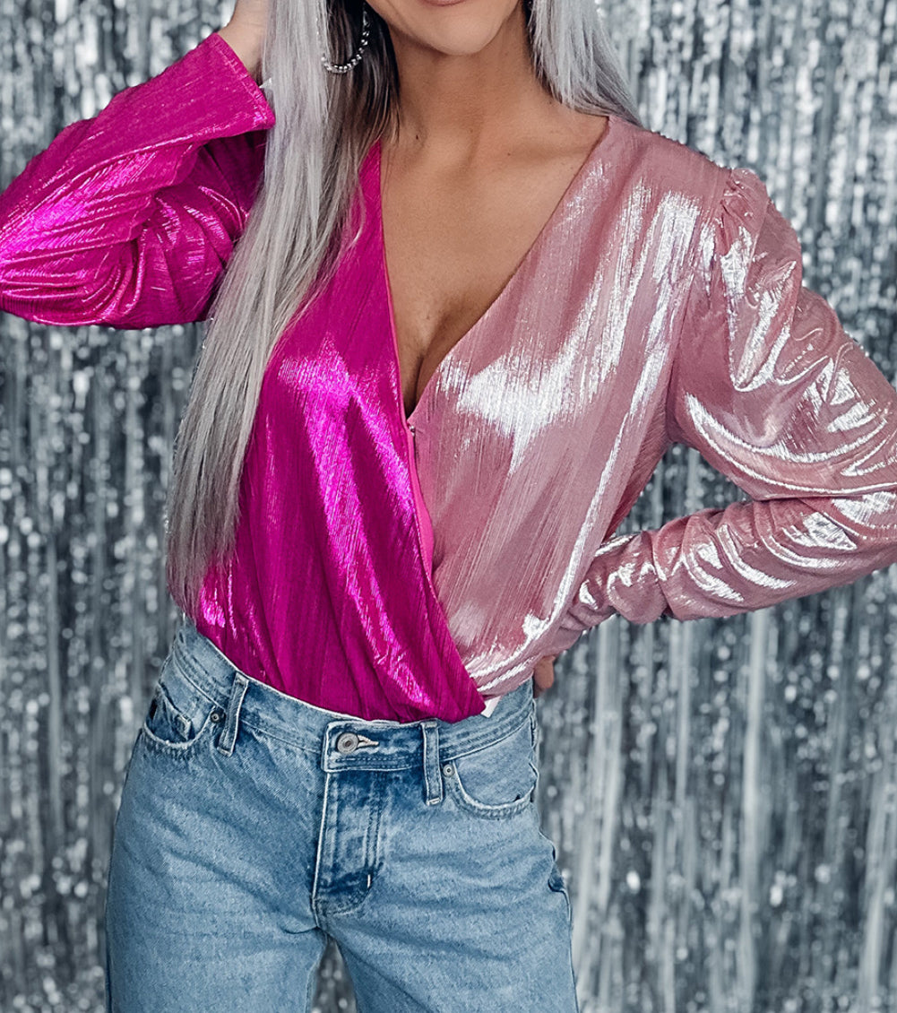 Sparkle Color Block V-Neck Long Sleeve Bodysuit