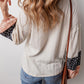 Floral Patchwork Textured Knit Drawstring V Neck Blouse