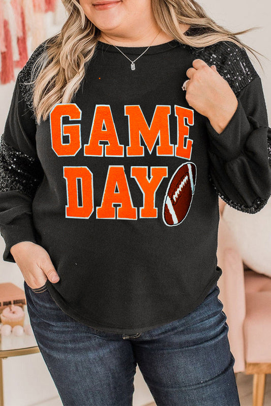 Game Day Rugby Football Graphic Sequin Patchwork Sleeve Plus Size Top