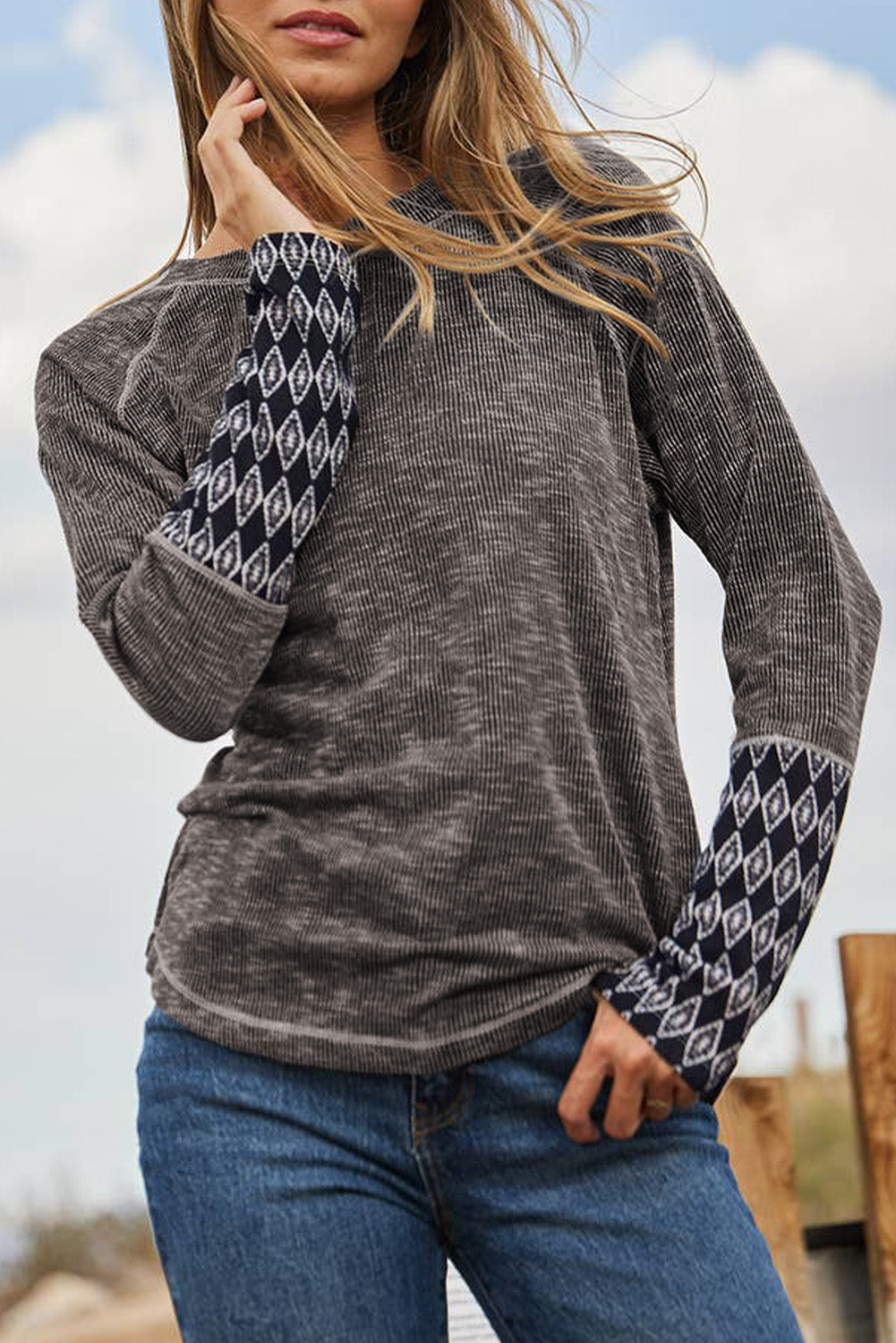 Aztec Patchwork Ribbed Long Sleeve Top