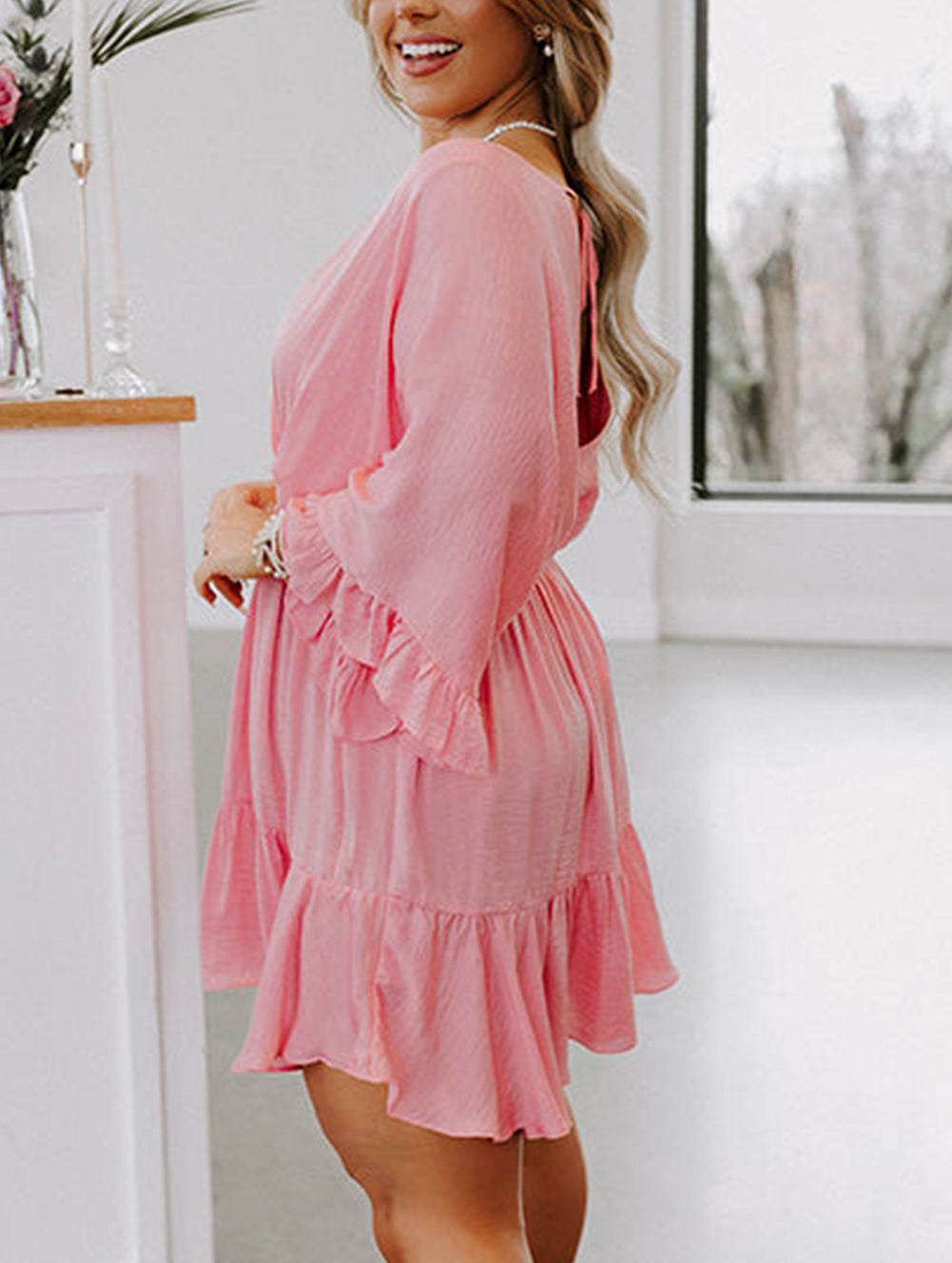Ruffled Knotted Open Back Wrap V Neck Plus Size Dress