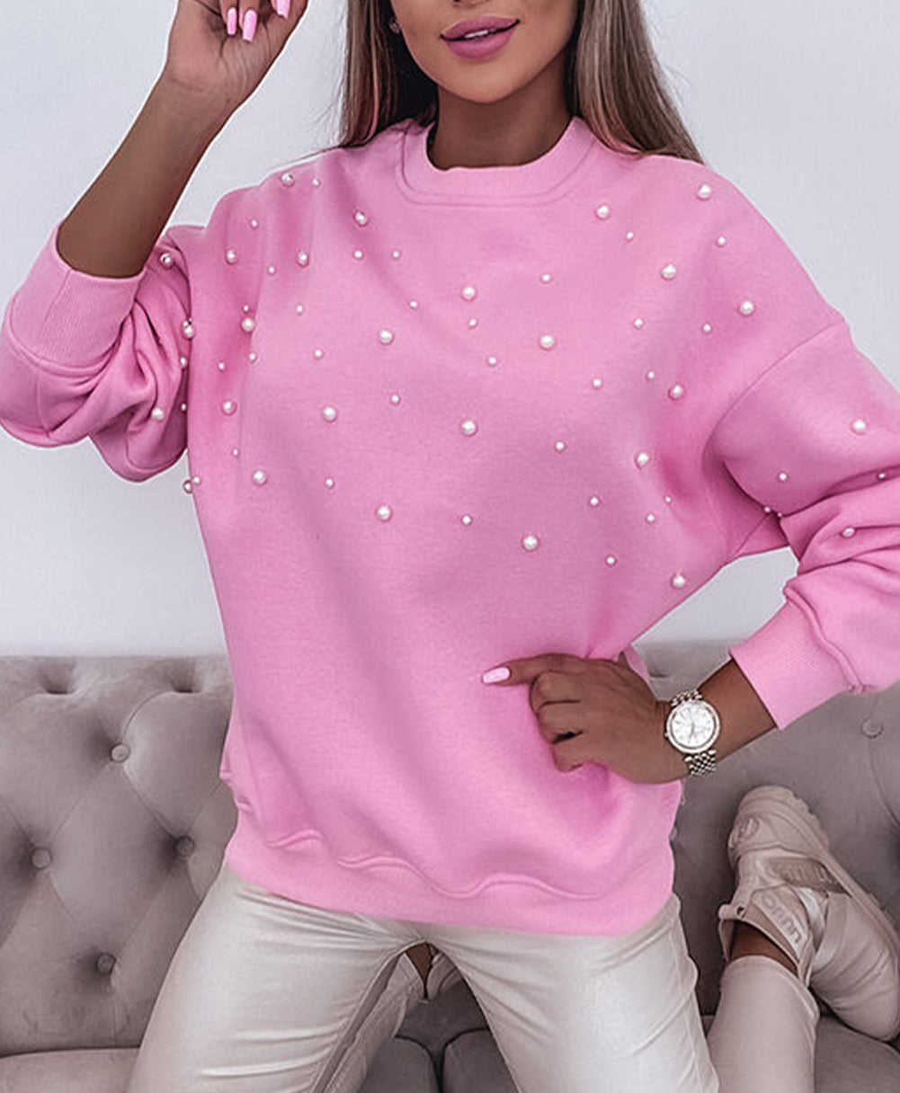 Pearl Detail Ribbed Crew Neck Sweatshirt