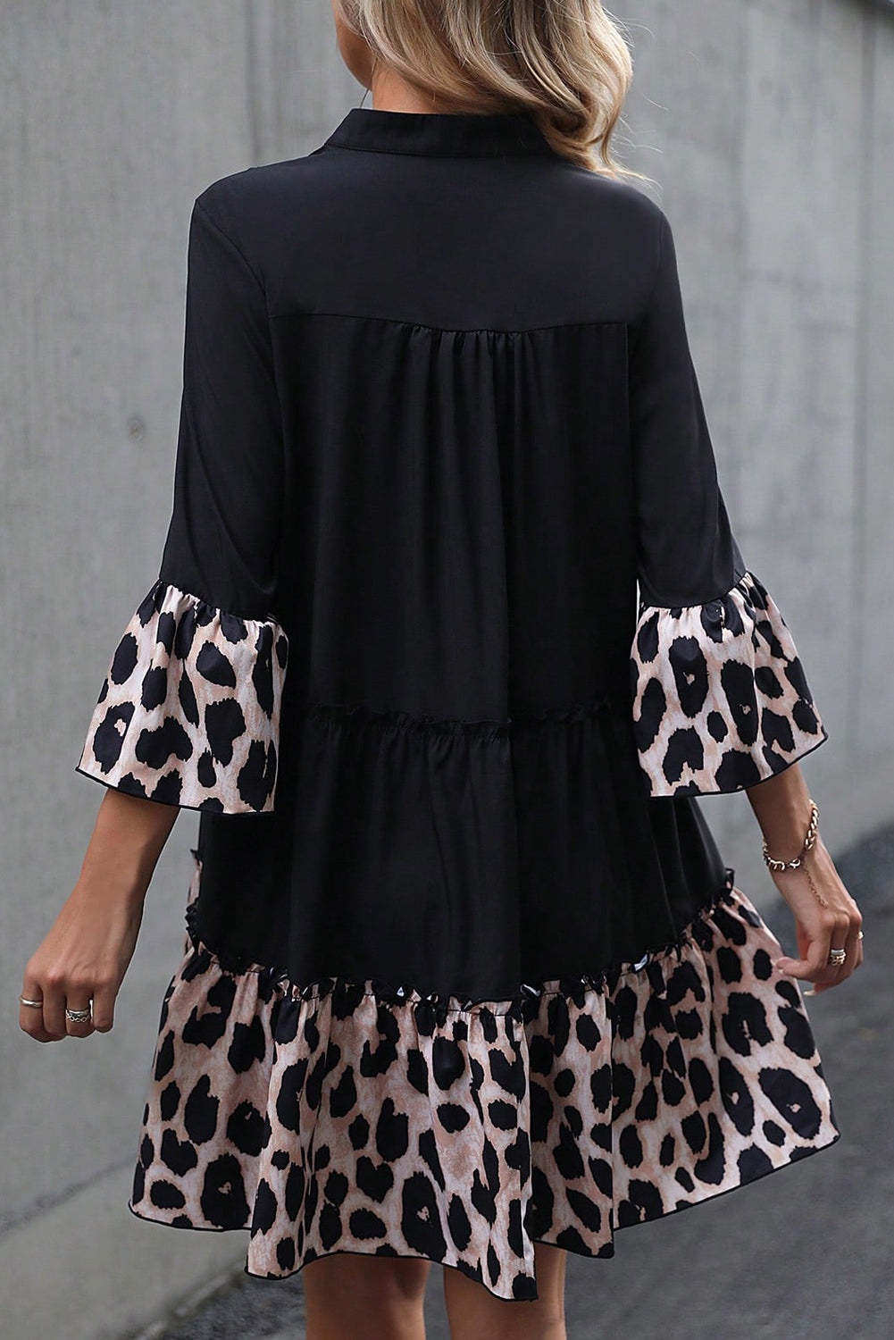 Leopard Patchwork Split Neck Ruffle Curvy Dress