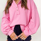 Solid Color Buttoned Neckline Loose Sweatshirt