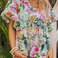 Tropical Floral Print Ruffled Short Sleeve Blouse