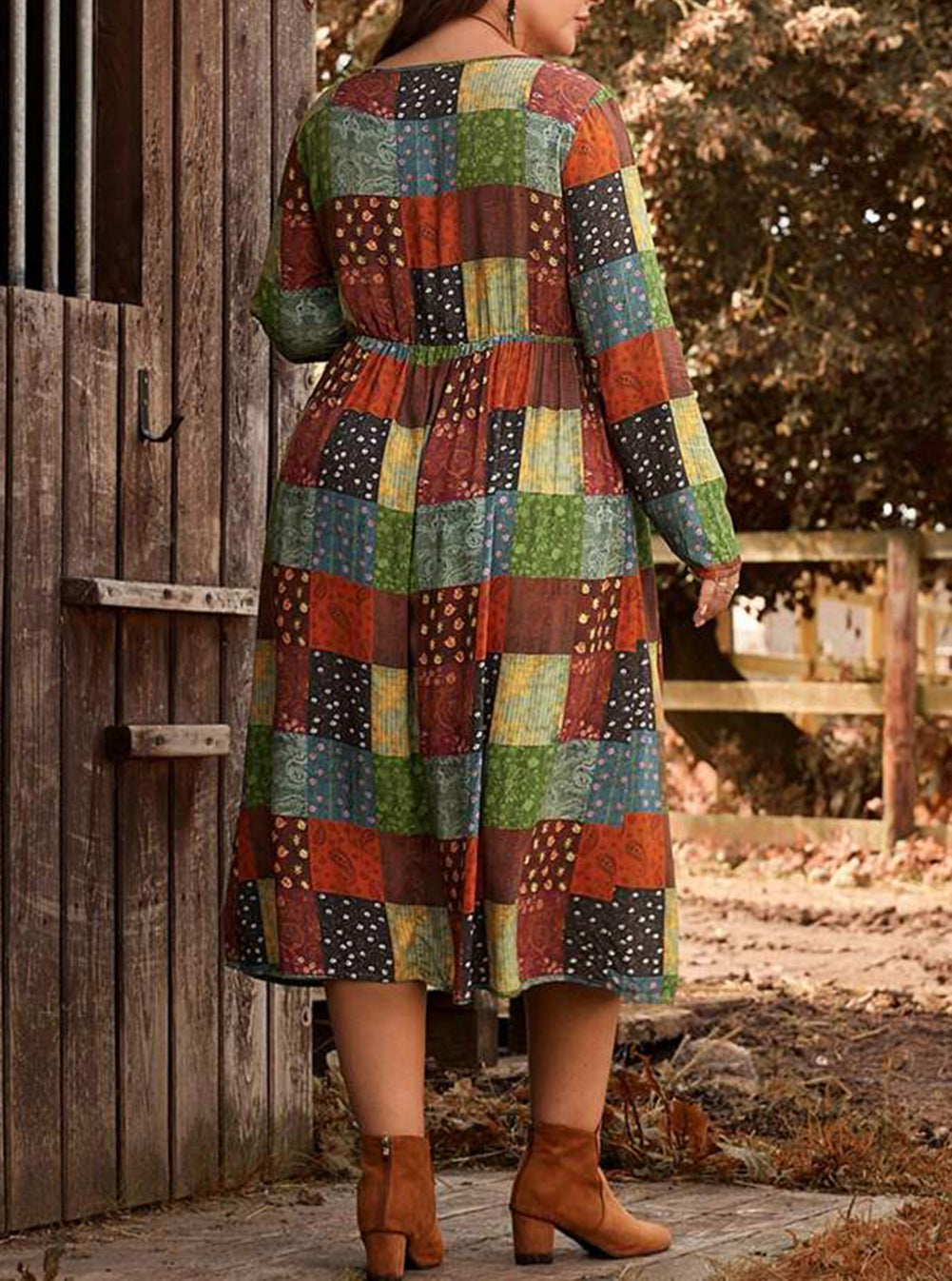 Printed Multicolor Western Checkered Plus Size Swing Dress