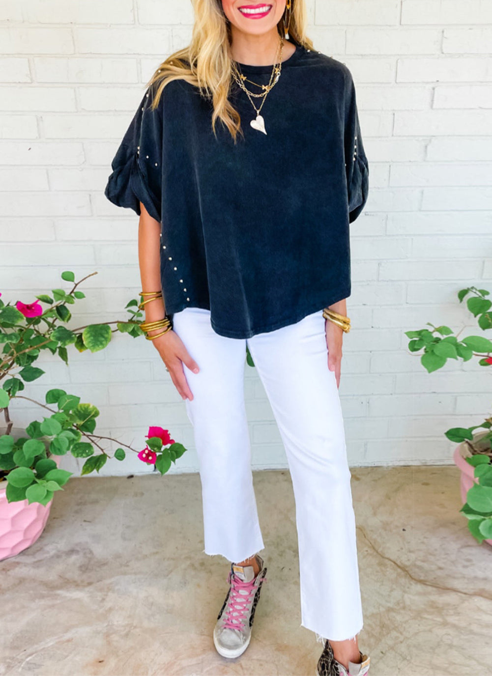 Wash Studded Batwing Sleeve Oversized Top