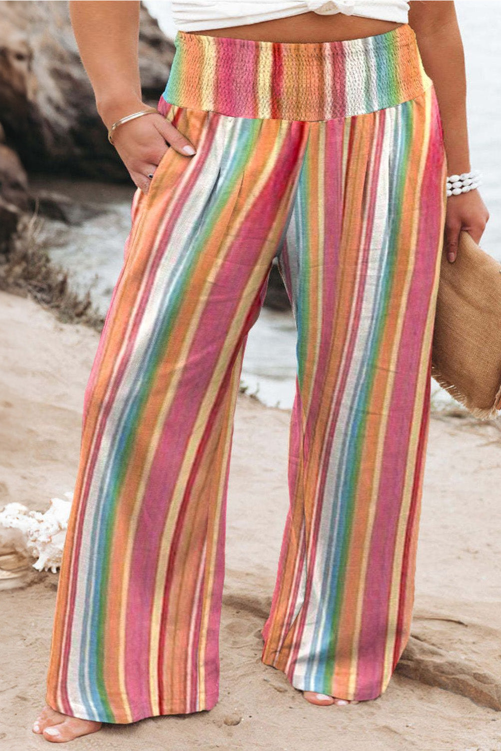 Stripe Plus Size Boho Smocked Waist Loose Pants